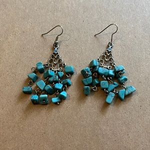 Beautiful chandelier turquoise stones set in silver plated w blue stone on top